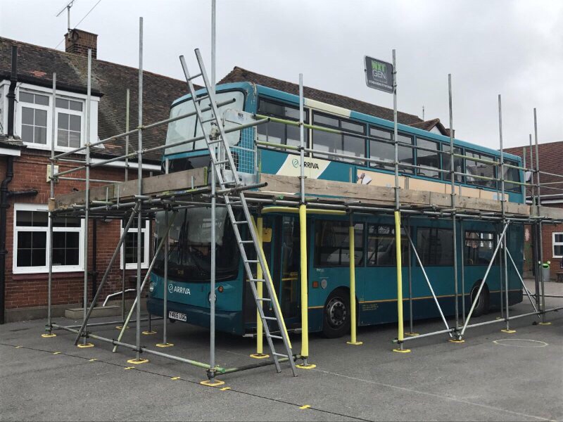 Arriva Bus turned into a School Library Bus in Southend-on-Sea, Essex with Supported Scaffolding with Toe Boards by Next Generation Scaffolding Ltd
